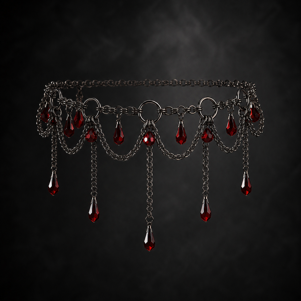 Gothic Chandelier Droplet Chain Choker - Crimson Blood Red