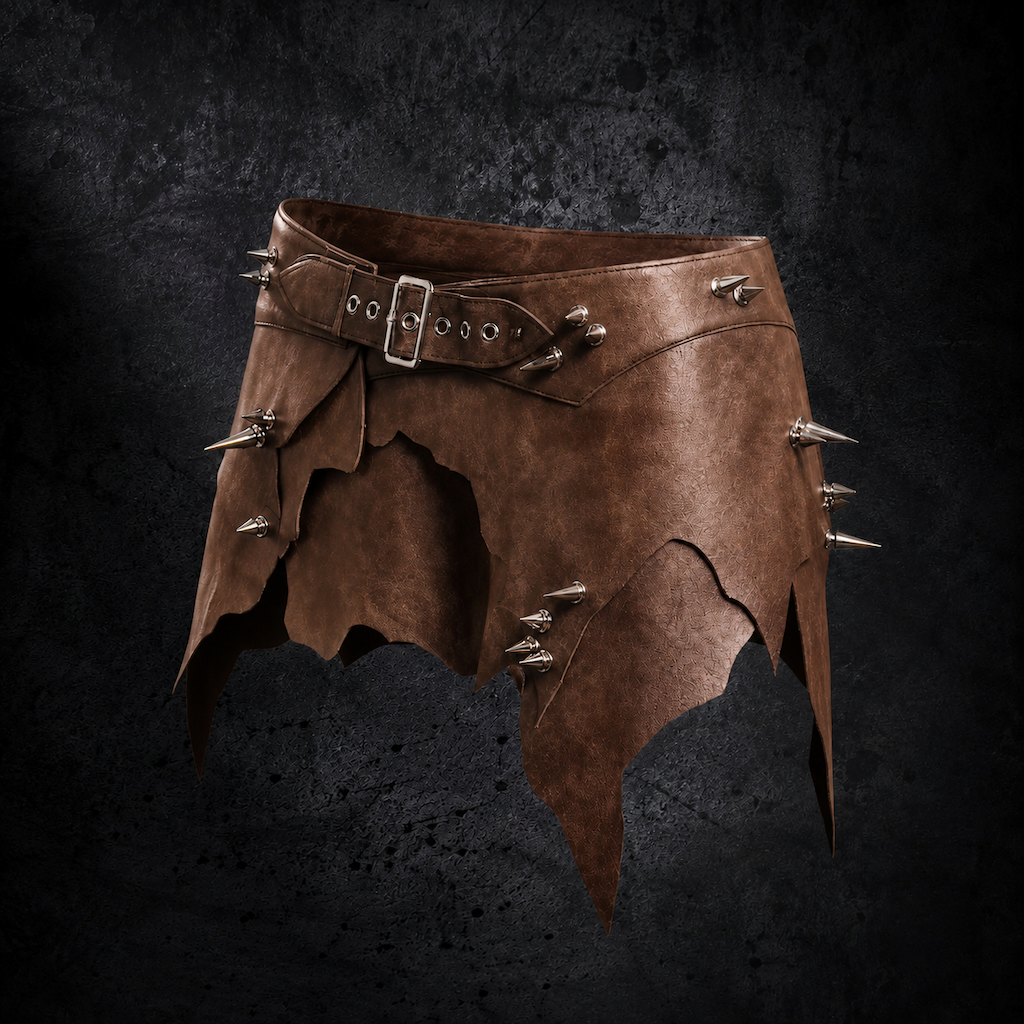 Asymmetrical Spiked Faux Leather Mini Skirt - Weathered Chestnut Brown