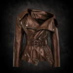 Off-Shoulder Asymmetrical Moto Jacket - Distressed Chestnut Brown
