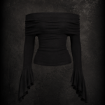 Off-Shoulder Ruched Witchery Bell Sleeve Top - Deep Matte Onyx Black