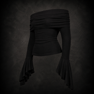 Off-Shoulder Ruched Witchery Bell Sleeve Top - Deep Matte Onyx Black