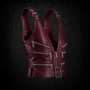 Black Punk-Inspired Leather Crop Top - Oxblood Burgundy