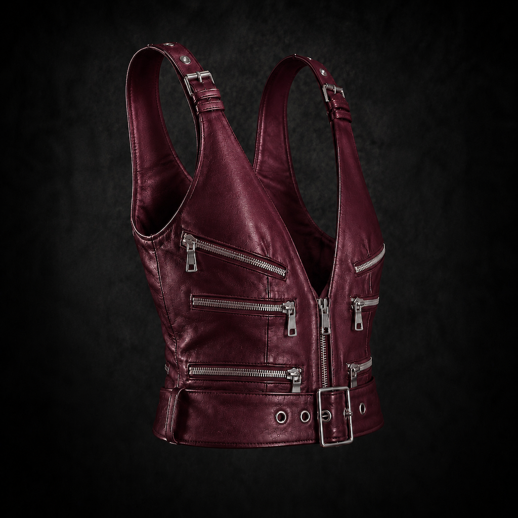 Black Punk-Inspired Leather Crop Top - Oxblood Burgundy
