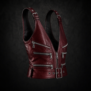 Black Punk-Inspired Leather Crop Top - Oxblood Burgundy