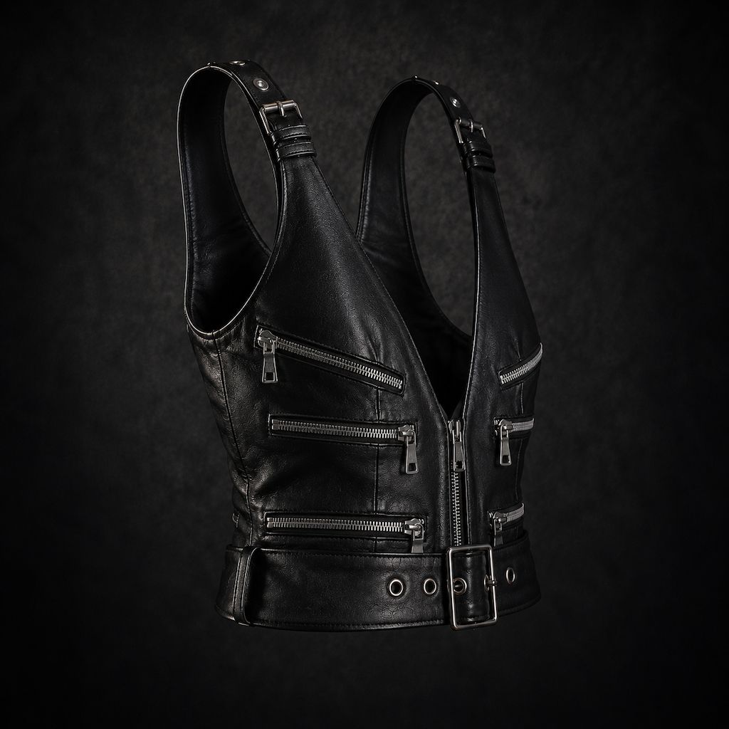 Black Punk-Inspired Leather Crop Top - Classic Matte Black