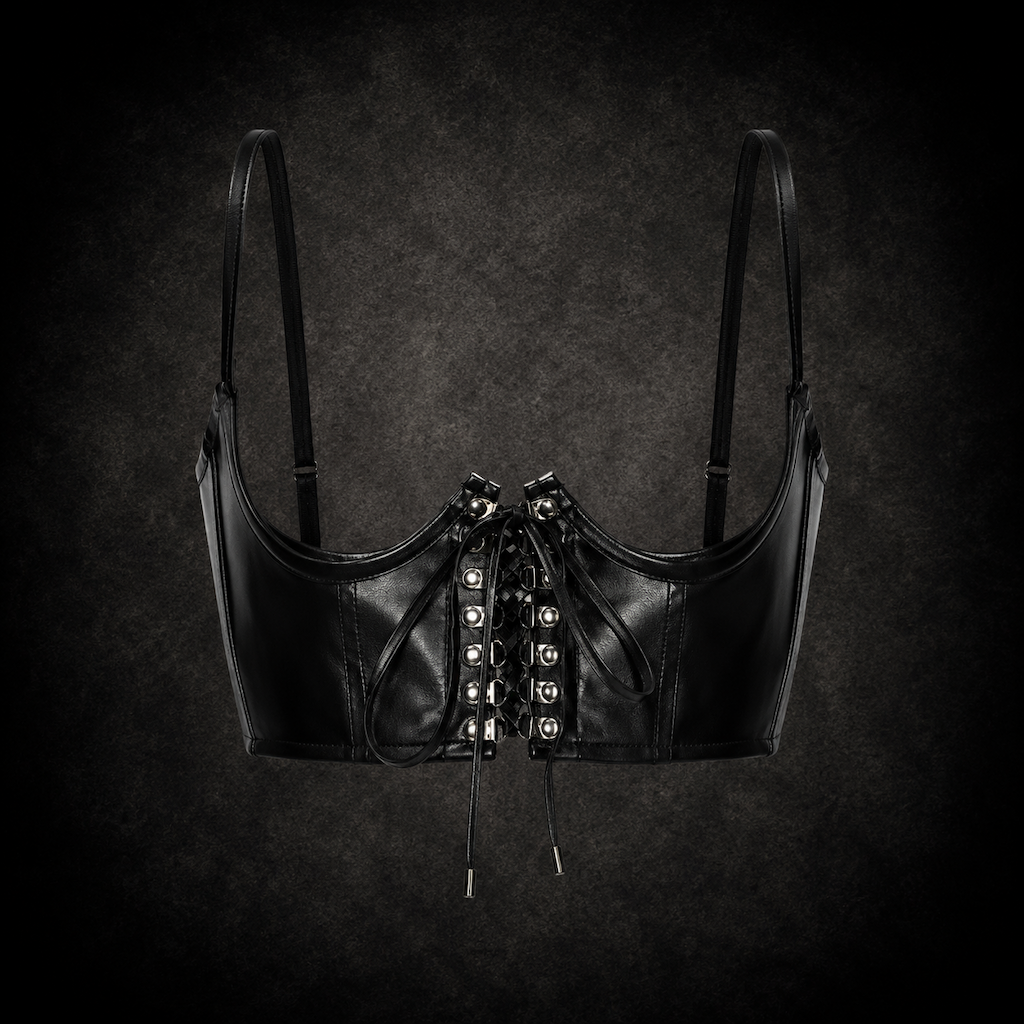 Cyber Goth Leather Harness Bralette Top - Black