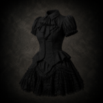 Victorian Ruffle Jabot Mini Dress - Deep Pitch Black