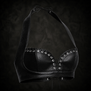 Faux Leather Eyelet Halter Corset Top - Sleek Onyx Black