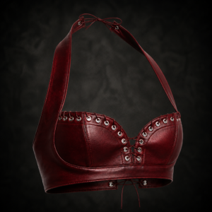 Faux Leather Eyelet Halter Corset Top - Deep Blood Red