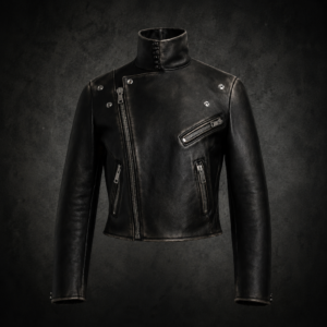 High-Collar Asymmetrical Moto Leather Jacket - Black