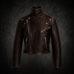 High-Collar Asymmetrical Moto Leather Jacket - Dark Brown