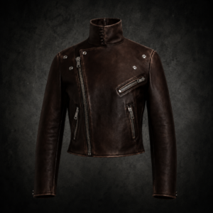 High-Collar Asymmetrical Moto Leather Jacket - Dark Brown