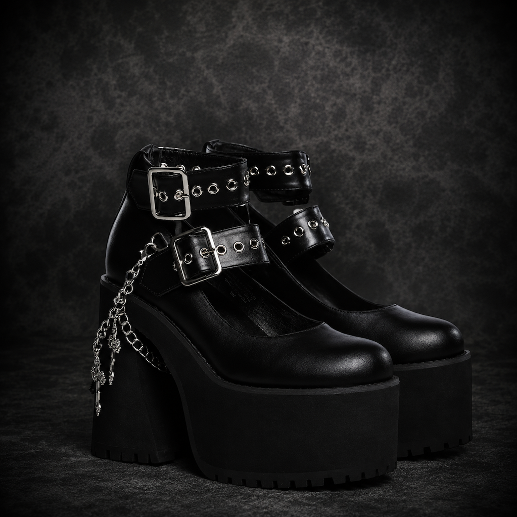 Double Strap Heavy Platform Mary Janes - Black