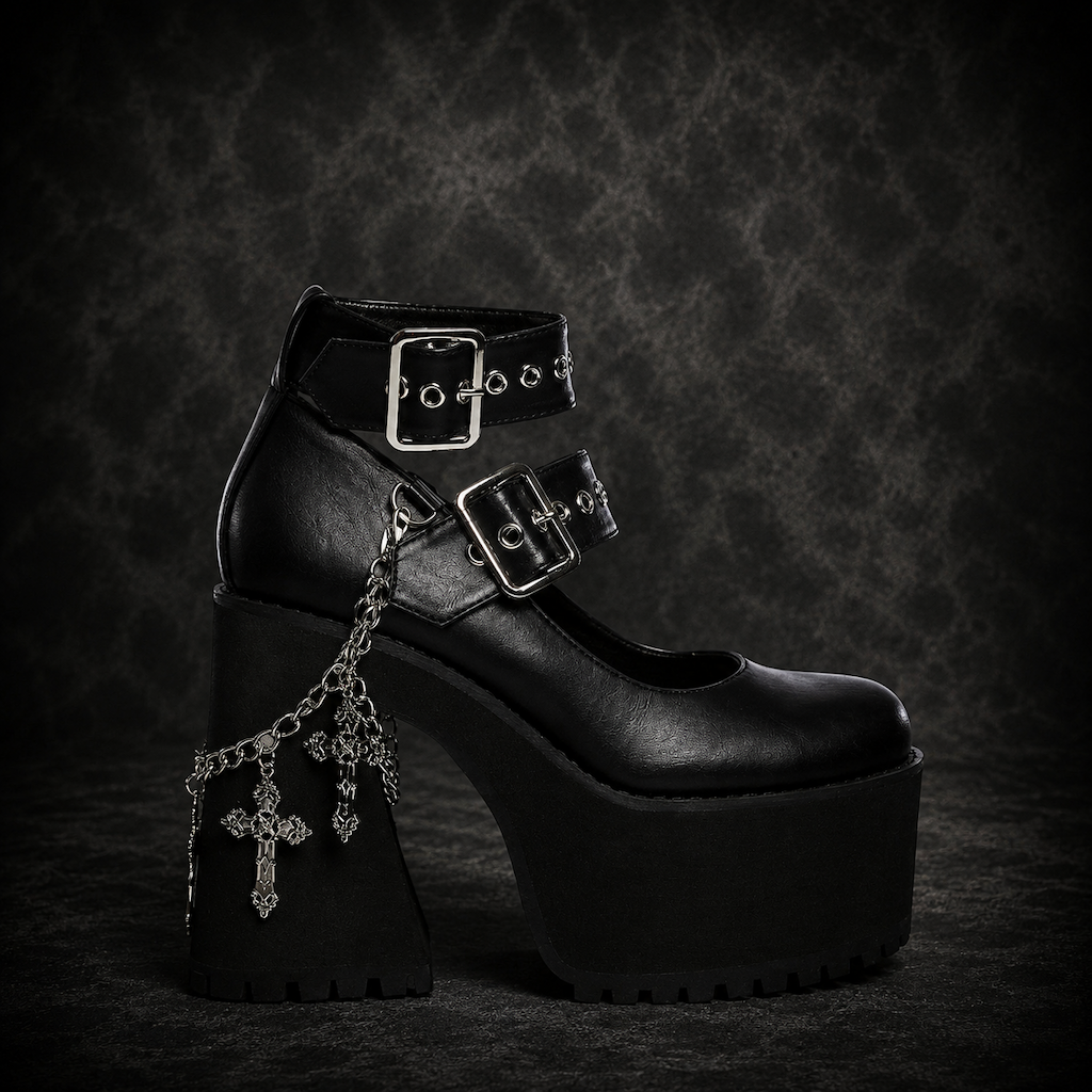 Double Strap Heavy Platform Mary Janes - Black