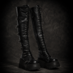 Multi-Buckle Knee-High Platform Goth Boots - Black