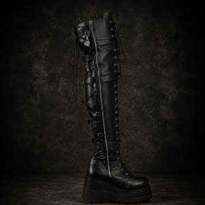 Multi-Buckle Knee-High Platform Goth Boots - Black