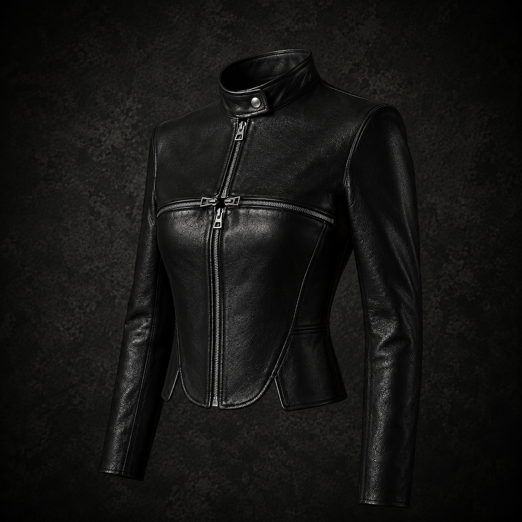 Cross Zipper Structured Leather Moto Jacket - Black