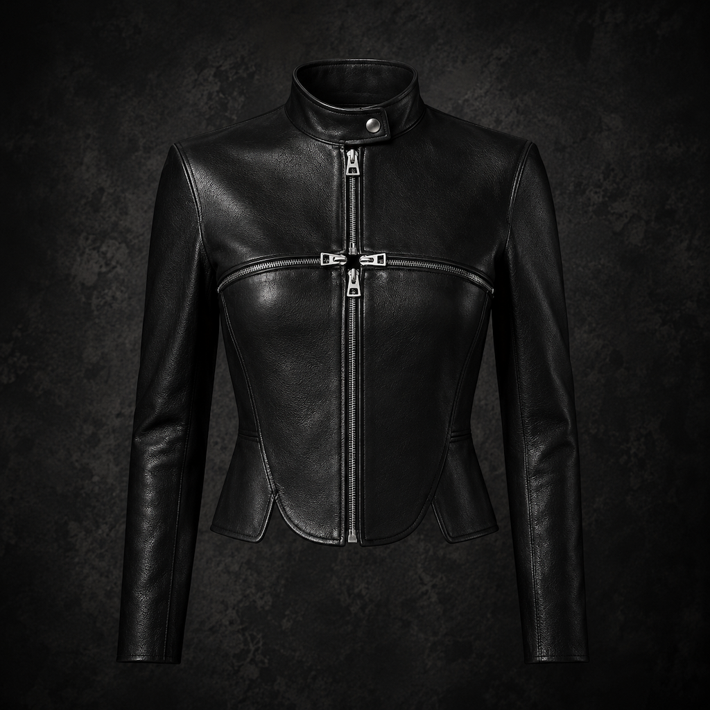 Cross Zipper Structured Leather Moto Jacket - Black