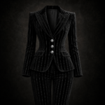 Pinstripe Velvet Sculpted Blazer & Trousers Suit Set - Black with Silver Pinstripes