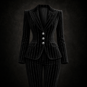 Pinstripe Velvet Sculpted Blazer & Trousers Suit Set - Black with Silver Pinstripes