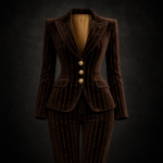 Pinstripe Velvet Sculpted Blazer & Trousers Suit Set - Dark Brown with Gold Pinstripes