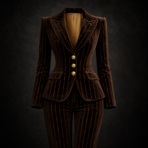 Pinstripe Velvet Sculpted Blazer & Trousers Suit Set - Dark Brown with Gold Pinstripes