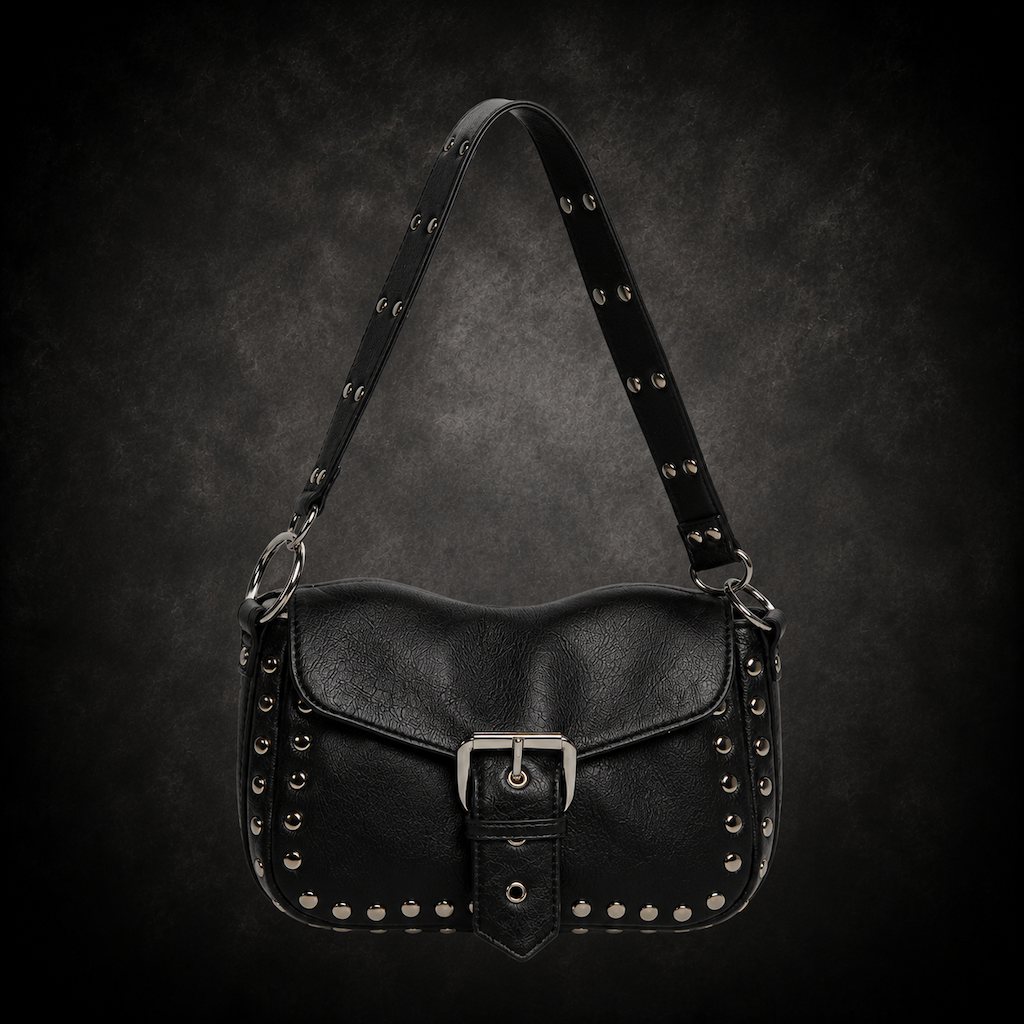Studded Buckle Flap Shoulder Bag - Obsidian Black Studded Buckle Flap Shoulder Bag - Obsidian Black