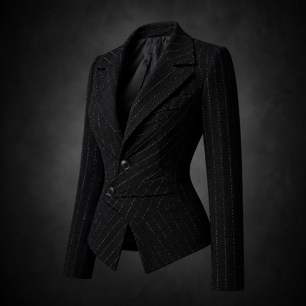 Asymmetrical Pinstripe Sculpted Blazer - Black with White Glittering Pinstripes