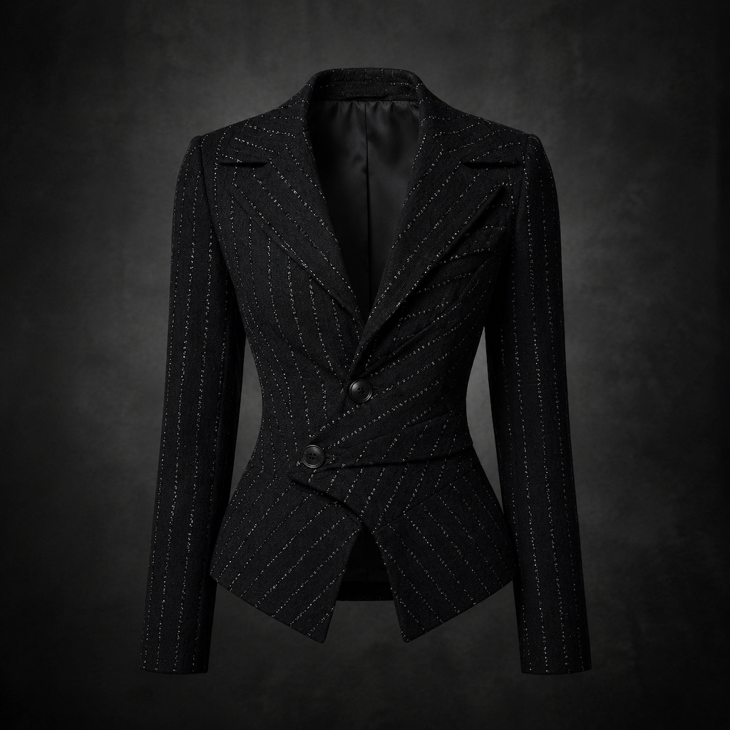 Asymmetrical Pinstripe Sculpted Blazer - Black with White Glittering Pinstripes