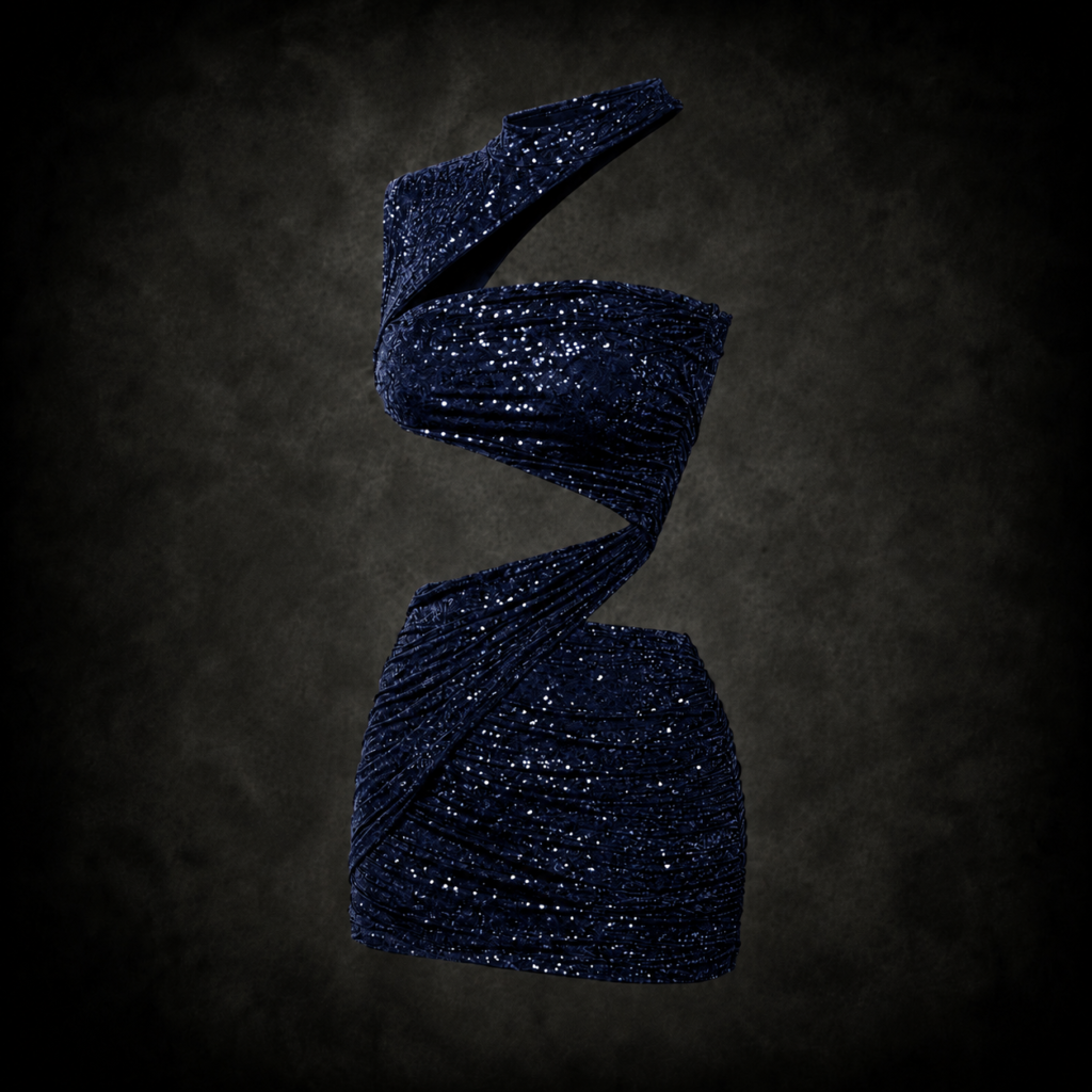 Asymmetric Twisted Cut-Out Ruched Mini Dress - Shimmering Midnight Blue