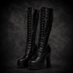 Knee-High Lace-Up Platform Heel Boots - Matte Black