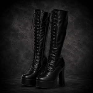 Knee-High Lace-Up Platform Heel Boots - Matte Black