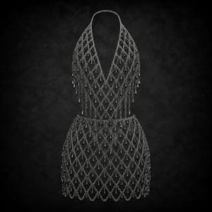 Crystal Droplet Chainmail Halter Dress Set - Polished Silver with Metallic Silver Crystals