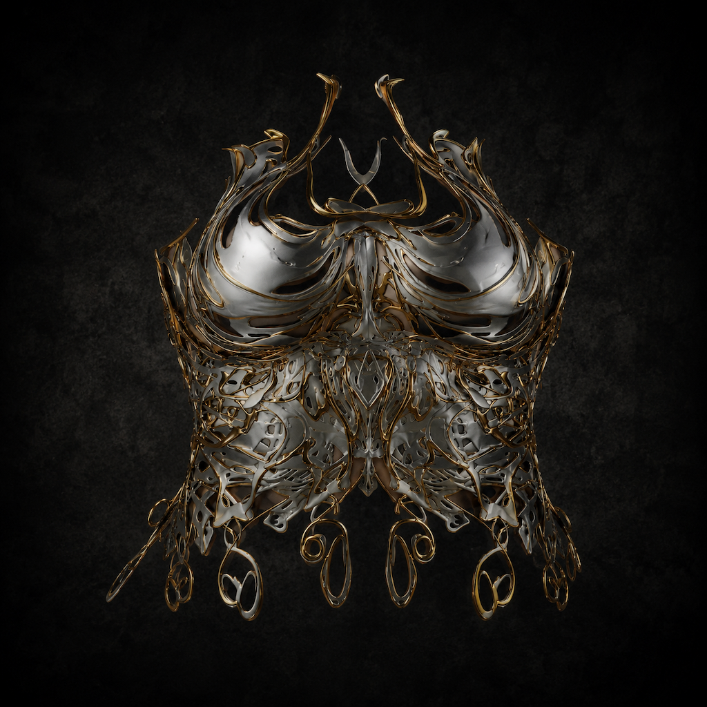 Biomechanical Molten Filigree Corset - Liquid Chrome with Gilded Gold Accents