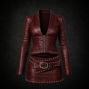 Iron Cross Studded Leather Two-Piece Set - Crimson Burgundy
