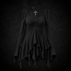 Gothic Handkerchief Ruffle Mini Dress - Shadow Black