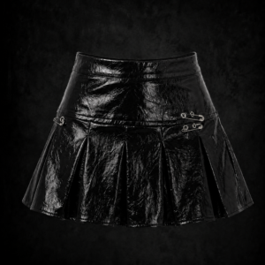 Rebel Safety-Pin Crinkled Vinyl Mini Skirt - Glossy Obsidian
