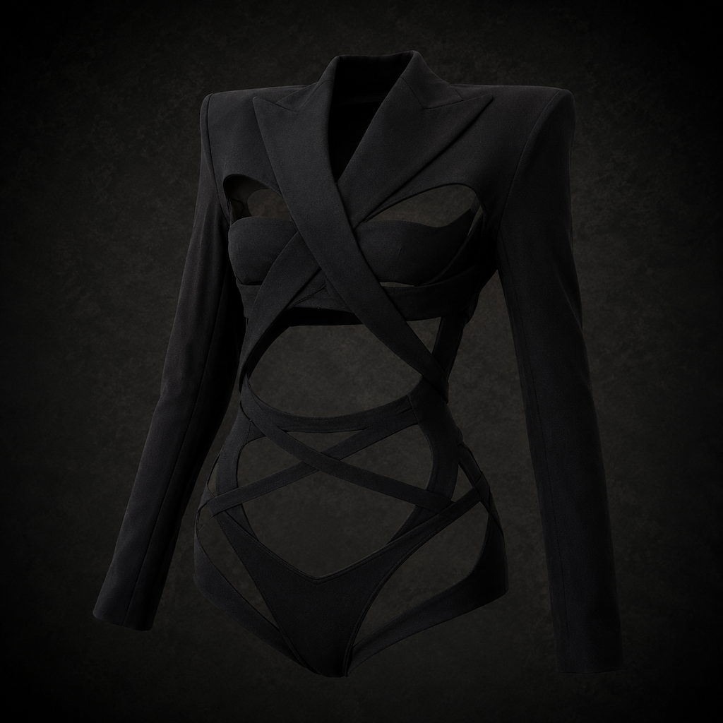 Strappy Cutout Blazer Bodysuit - Midnight Onyx Strappy Cutout Blazer Bodysuit - Midnight Onyx